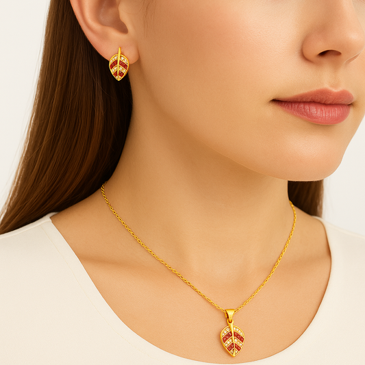 Golden Bloom Leaf Pendant Set