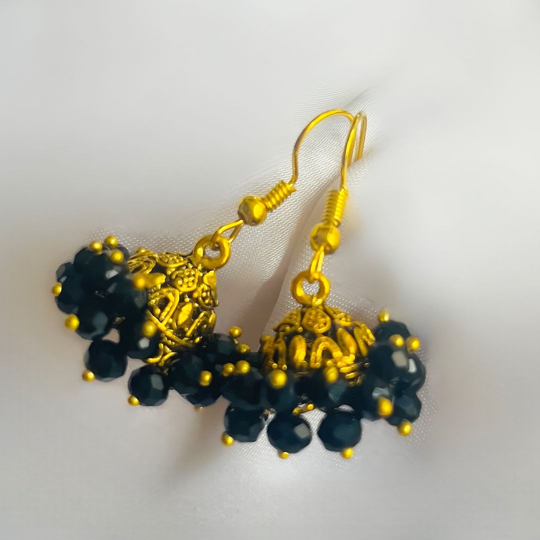 Black Beaded Dome Jhumki Earrings.