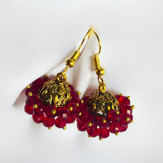 Red Beaded Dome Jhumki Earrings